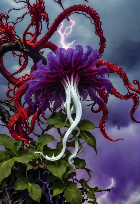 Magical plant from the abyss, the ghost flower, ghost flower,Blood-red tentacles stare at the dead，carismatic，Incredible，terror，Wrapped purple magic lightning, epic magic power, The corolla shines brightly, Electric Power Branch, epic thunderstorm, terror冲...