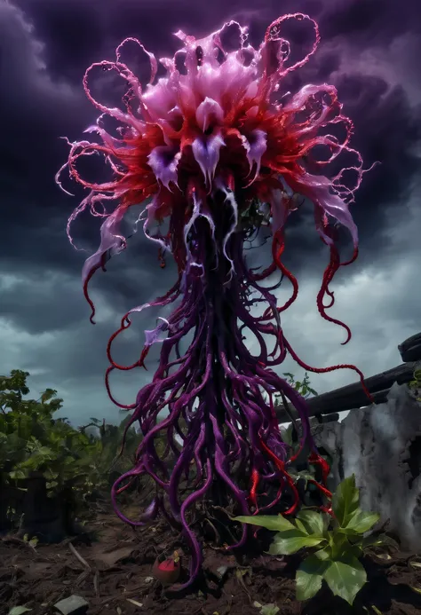 Magical plant from the abyss, the ghost flower, ghost flower,Blood-red tentacles stare at the dead，carismatic，Incredible，terror，Wrapped purple magic lightning, epic magic power, The corolla shines brightly, Electric Power Branch, epic thunderstorm, terror冲...