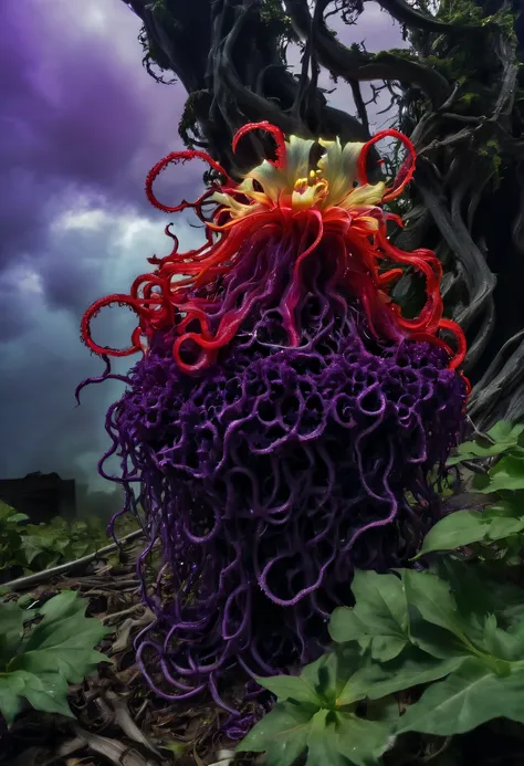 Magical plant from the abyss, the ghost flower, ghost flower,Blood-red tentacles stare at the dead，carismatic，Incredible，terror，Wrapped purple magic lightning, epic magic power, The corolla shines brightly, Electric Power Branch, epic thunderstorm, terror冲...