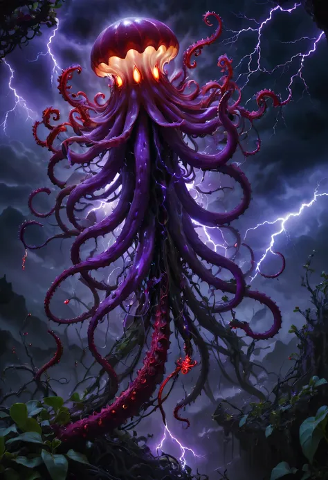 Magical plant from the abyss, the ghost flower, ghost flower,Blood-red tentacles stare at the dead，carismatic，Incredible，terror，Wrapped purple magic lightning, epic magic power, The corolla shines brightly, Electric Power Branch, epic thunderstorm, terror冲...