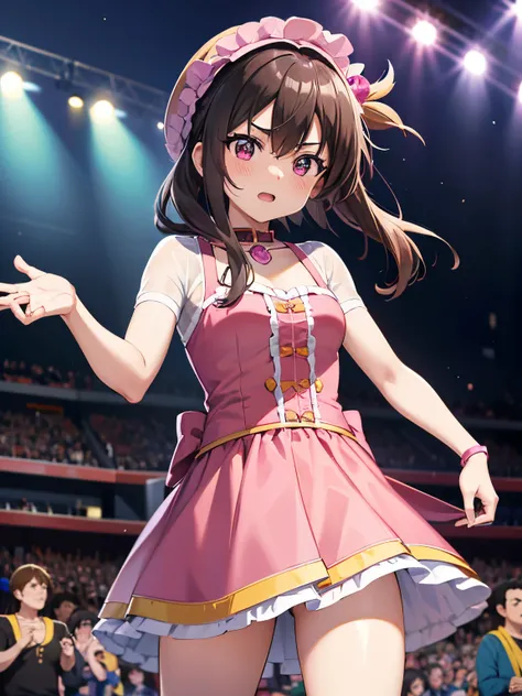 A woman in a pink dress stands in front of the crowd, konosuba anime style, Konosuba, aqua from konosuba, joseph joestar, todays featured anime still, an angry muscular army general, megumin from konosuba, official anime still, Black Magician Girl, an epic...