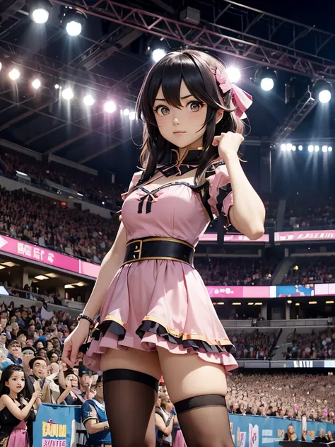 A woman in a pink dress stands in front of the crowd, konosuba anime style, Konosuba, aqua from konosuba, joseph joestar, todays featured anime still, an angry muscular army general, megumin from konosuba, official anime still, Black Magician Girl, an epic...