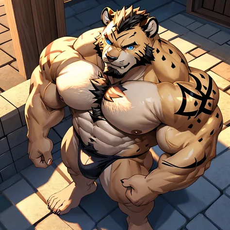 The bikini、cheetah man、Rat trail section、Amazing muscles、The tattoo、Yakuza、body builder、Bodybuilding Poses、fullnude、Angle from diagonally above、Composition looking down、Angry look、large amount of chest hair、large amount of belly hair、Lots of armpit hair、、l...