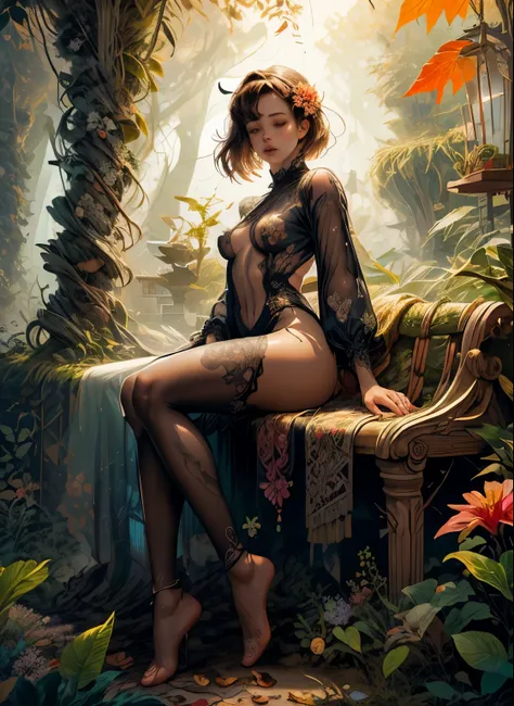 1sexy girl with forest clothes, flowers, leaves, mandalas, fractal,, Sleeping Beauty, by Bella🦋 full body, beautiful girl sleeping, room with mirror, girl sleeping on bed and sheets, old clock and lamp on table, full body, black hair, Transparent clothing,...