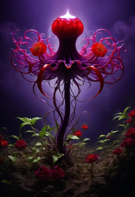 Magical plant from the abyss, the ghost flower, ghost flower,Blood-red tentacles stare at the dead，carismatic，Incredible，terror，Wrapped purple magic lightning, epic magic power, The corolla shines brightly, Electric Power Branch, epic thunderstorm, terror冲...