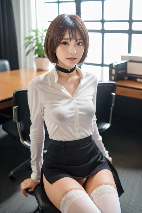 A 24-year-old woman sits on a chair with her legs spread boldly in a luxurious room..,dynamicposes，(((Office Suits、a choker、white  shirt、Black miniskirt、Black stockings))), (((White pants、))),(((You can see a little of your pants under the skirt、Cameltoe))...