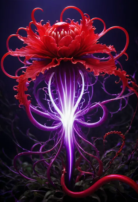 Magical plant from the abyss, the ghost flower, ghost flower,Blood-red tentacles stare at the dead，carismatic，Incredible，terror，Wrapped purple magic lightning, epic magic power, The corolla shines brightly, Electric Power Branch, epic thunderstorm, terror冲...