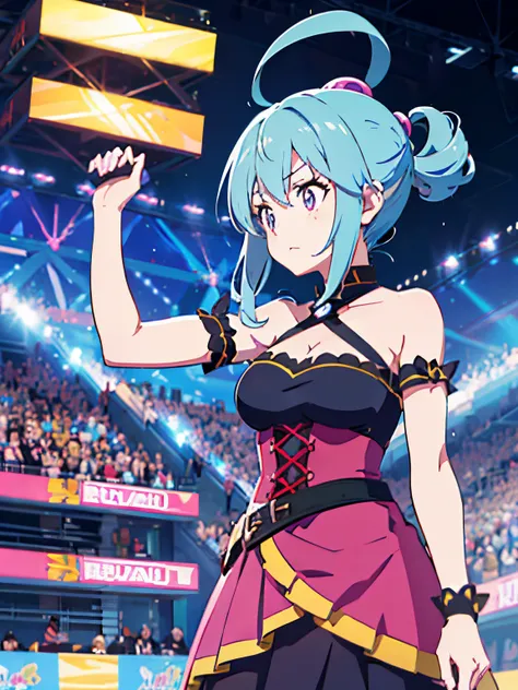 A woman in a pink dress stands in front of the crowd, konosuba anime style, Konosuba, aqua from konosuba, joseph joestar, todays featured anime still, an angry muscular army general, megumin from konosuba, official anime still, Black Magician Girl, an epic...