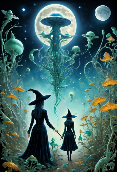 Images of a fascinated witch encountering alien life forms, Illumination of bioluminescent plants, The content is very detailed, hyper realisitc, 10k high resolution, Gouache style, scribble art, Glaslorne, Influenced by Art Nouveau, Given, and future, The...