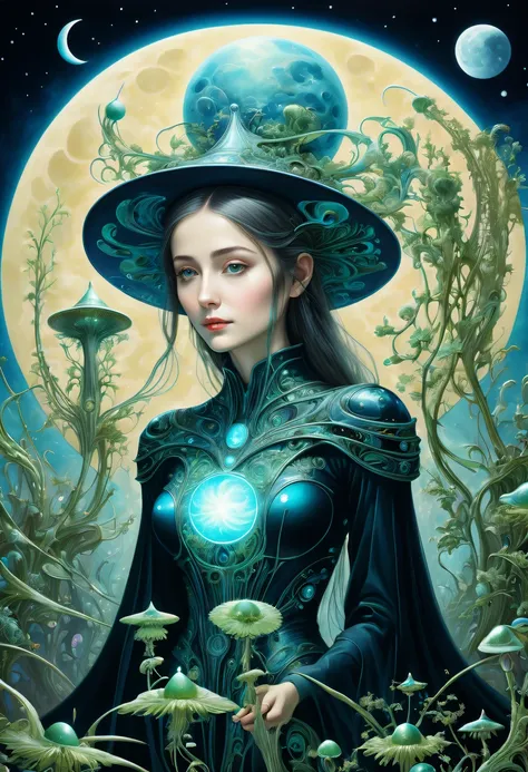 Images of a fascinated witch encountering alien life forms, Illumination of bioluminescent plants, The content is very detailed, hyper realisitc, 10k high resolution, Gouache style, scribble art, Glaslorne, Influenced by Art Nouveau, Given, and future, The...