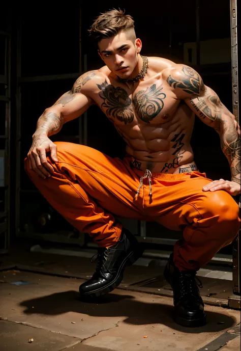 Beautiful prison boy, orange clothes, handsome boy, strong, muscular, best quality, Brown eyes, black hair, long hair, tattooed body, full body tattoo