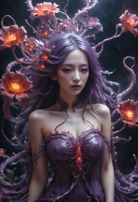 Magical plant from the abyss, the ghost flower, ghost flower,Blood-red tentacles stare at the dead，carismatic，Incredible，terror，Wrapped purple magic lightning, epic magic power, The corolla shines brightly, Electric Power Branch, epic thunderstorm, terror冲...