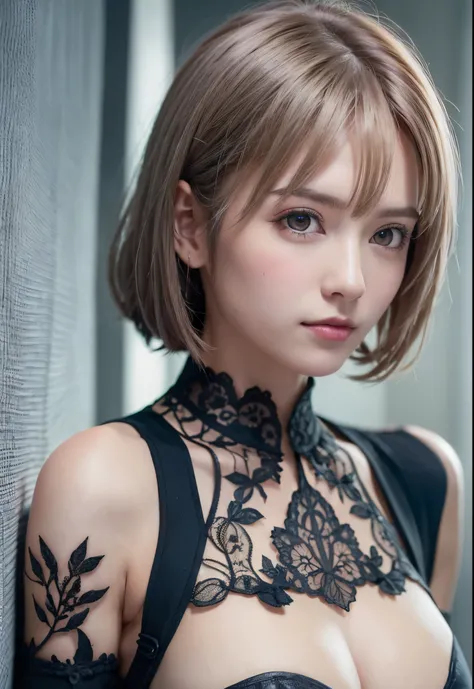 (8K, Photorealistic, Raw photo, of the highest quality: 1.3), (1girl in), Super beautiful, (Realistic face), (boyish, Silver Color Berry Shorthair), Beautiful , Glare that captivates the viewer, Beautiful expression, Beautiful breasts, (Realistic skin), Be...