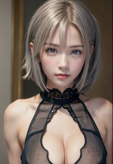 (8K, Photorealistic, Raw photo, of the highest quality: 1.3), (1girl in), Super beautiful, (Realistic face), (boyish, Silver Color Berry Shorthair), Beautiful , Glare that captivates the viewer, Beautiful expression, Beautiful breasts, (Realistic skin), Be...