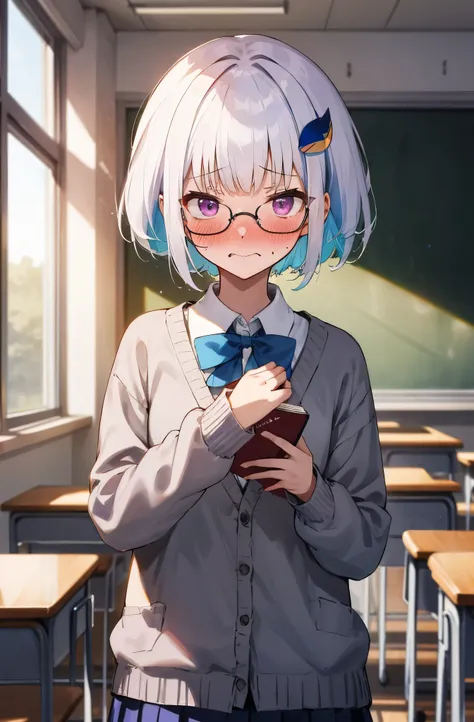 One girl with shorthair, bangs, white hair, blue inner hair:1.25) , purple eyes, looking at viewer, blushing, embarrassed, (embarrassed:1.2), school uniform, cardigan, glasses, indoor, classroom, dizzy, mid-chest, day atmosphere, hair ornament, standing, u...