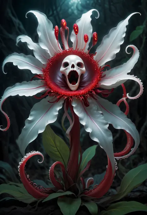 Magical plant from the abyss, the ghost flower, ghost flower,Blood-red tentacles stare at the dead，carismatic，Incredible，terror