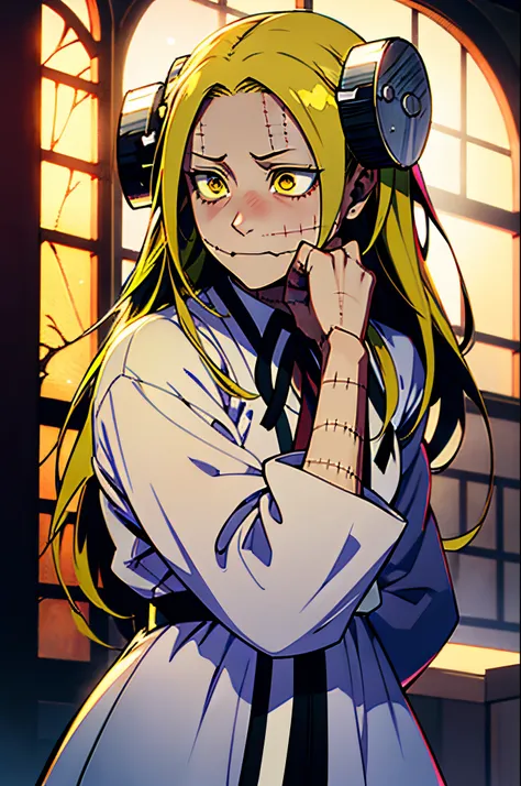 madaraki_fran,a  girl , embarrassed ,blushful,the madhatter ,surgeon&#39;gown ,clean hands ,stunned, hairlong , yellow hair,seam...