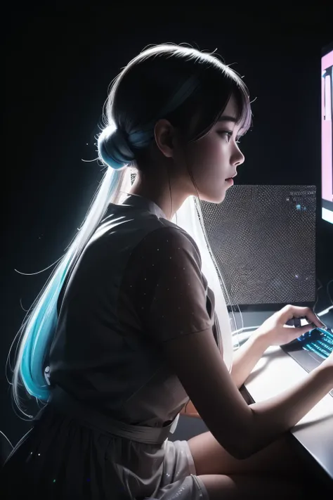 ((Ultra Long Exposure Photography)) high quality, highly detailed, Colorful beautiful woman silhouette neon dots, beautiful silhouette, Electronic devices such as a very light gray PC in the background, by yukisakura, high detailed,