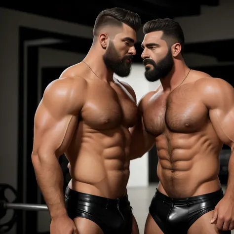 Two men bodybuilders cock and muscles, cuir noir brillant, Tatouages, great black hair and épaisses,