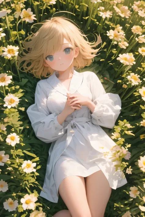 parfect anatomy、one girls、Very delicate and beautiful woman、short-hair、lying in a beautiful flower field、Lying on your back、robe blanche、artistic、top-quality、ultra-detailliert、masuter piece、８ｋ、Captured from above、Professional Photographer、50ｍｍlens