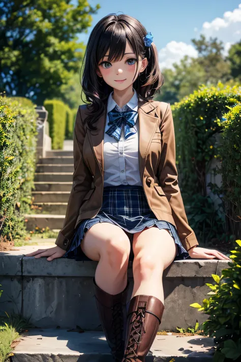 Very cute and beautiful girl,(very detailed beautiful face and eyes:1.2),Smile,Cowboy Shot,
(Brown jacket:1.2),Collared shirt,Checkered bowtie BREAK Detailed legs,zettai ryouiki,Brown shoulder bag,(Brown boots:1.2),
stylish pose,Dynamic Angle,Hair Ornament...