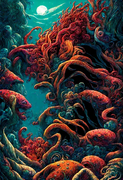 1girl, Colorful deep sea scenery、Colorful coral、Deep Sea AngelT、diego gisbert lawrence、Josan Gonzalli Dan Mumford、a storybook illustration、Psychedelic Art、bubbling、The corals、AngelT、Horizon、Eau、vague、superwide shot,masutepiece、top-quality、ultra-detailliert...