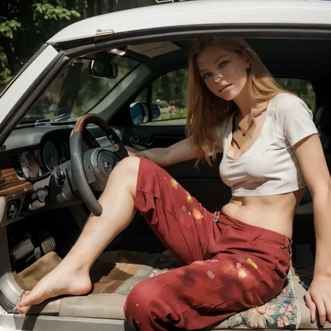 ultrarealistisch, perfekt, Details, 8K, splendid, gutes Randbild, Blondes rotes Haar, alternativ, Hippie, bare feet, im auto, cropped shirt, bellybutton, niedlich, 60er-Jahre-Flair, Flowerpower, green long hippie pants, feet, perfekte Details im Gesicht, t...