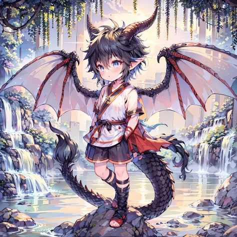 cute demi-human boy, with dragon wings, dragon horns, and dragon tail, alone at an enchanted Waterfall Sanctuary