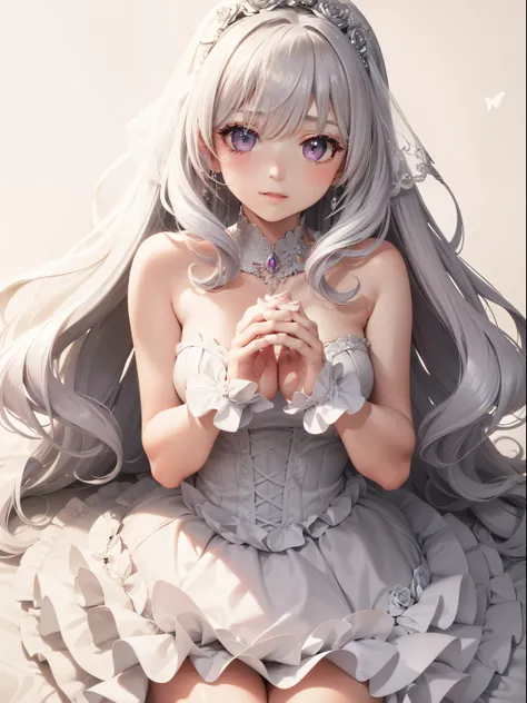 silber hair，butterflys，Long grey hair，Light pink wedding dresses，8k wallpaper，detailedbackground，Highest high resolution，Deep V Big，Hair covering one eye，Bandeau Wedding Dress，chies，white roses and pale pink roses，tight fitted，Stockings,(((perfect and cute...