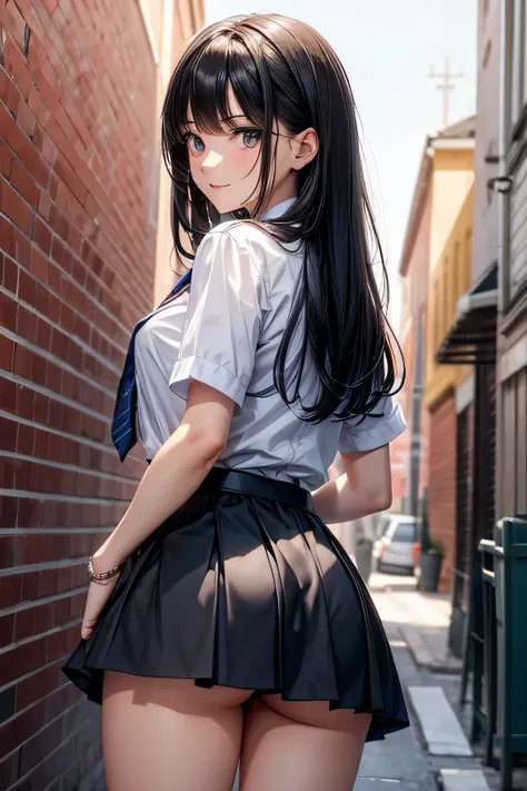 very cute and beautiful school girl,(very detailed beautiful face and eyes:1.2),
Smile,Black hair,(Mini skirt),(Cowboy Shot),(From below),Looking back,from behind,Leaning forward,White panties,
Back alley,building brick wall,Dynamic Angle,
(Best Quality,ma...