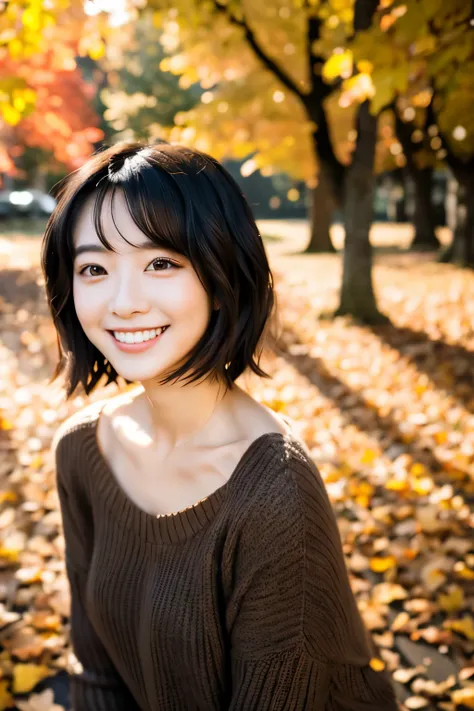 22year old（年轻）、Black Hair Bob、natural and light makeup、Autumn、Smiling expression、、Natural finish、For autumn leaves、Portrait image、cute little