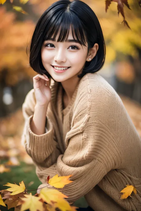 22year old（年轻）、Black Hair Bob、natural and light makeup、Autumn、Smiling expression、、Natural finish、For autumn leaves、Portrait image、cute little