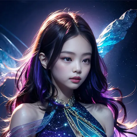 Background: Mysterious quantum environment, Cosmic elements and ethereal atmosphere，A mix of bright lights and colorful nebulae. Theme: A mysterious girl with a magical aura. She has long, Colorful wavy curls, The shiny hair stands out. His eyes are deep a...