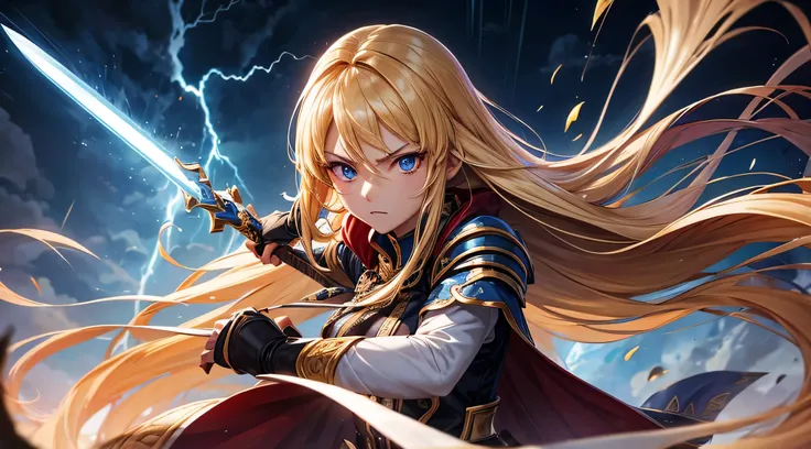 masutepiece,Best Quality,ultra-detailliert,1 female swordsman,upperbody shot,Fire Sword,Blonde hair,Long hair,Blue Eye,Straight hair,look at viewr,thunderstorm,palatial palace