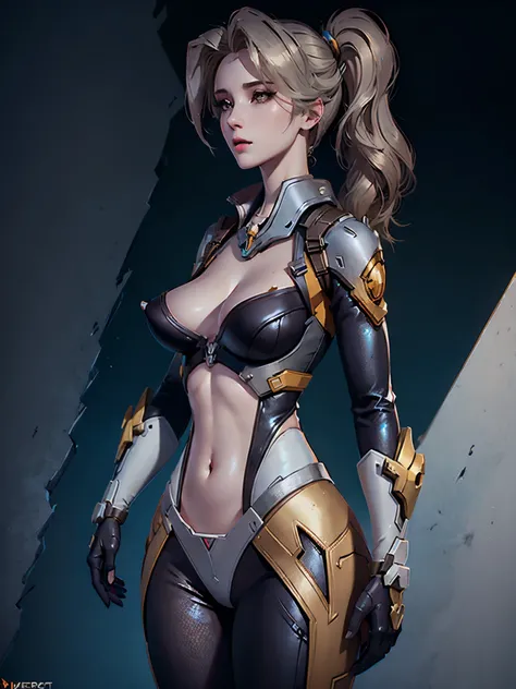 Mercy from Overwatch, character sportrait, sportrait, closeup cleavage, concept-art, Complicated details, The is very detailed, Mobis style