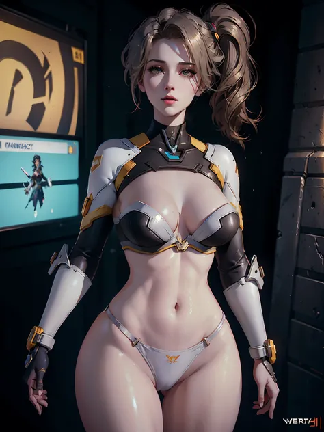 Mercy from Overwatch, character sportrait, sportrait, closeup cleavage, concept-art, Complicated details, The is very detailed, Mobis style