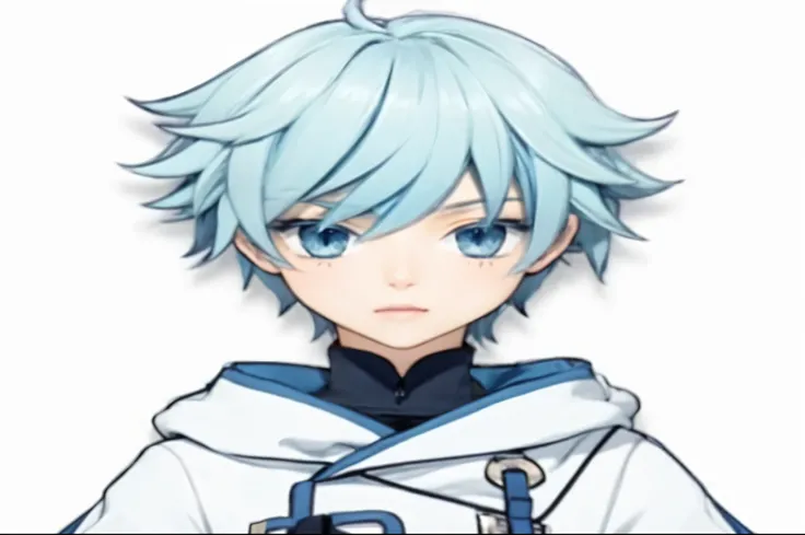 Cute anime guy with blue hair and blue eyes, white hoodie