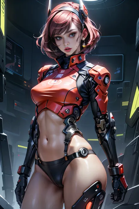 1womanl, Mature, 美丽的面容, big eye, (Choppy), (cybernetic body parts), Headgear, Short underwear, Cowboy Shot, (Background with: futuristic cyberspace battlefield), (depth of fields), masterpiece, Realistic, impossible details, top-quality