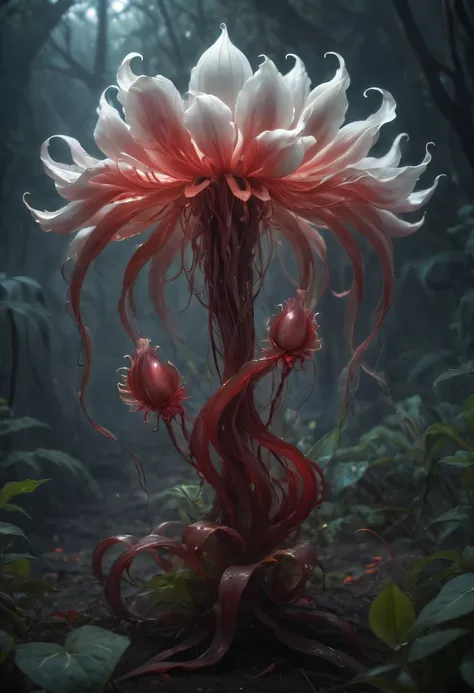 Magical plant from the abyss, the ghost flower, ghost flower,Blood-red tentacles stare at the dead，carismatic，Incredible，terror