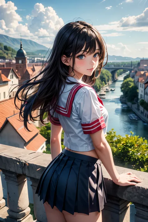 very cute and beautiful school girl,teen,(highly detailed beautiful face and eyes:1.2),(cowboy shot),
smile,black hair,seifuku,(pleated navy blue mini skirt),dynamic pose,dynamic angle,looking at viewer,
many european houses with red roof,(town overview),n...