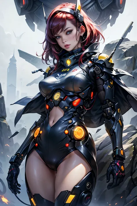 1womanl, Mature, 美丽的面容, big eye, (huge Brests), (cybernetic body parts), Headgear, Short underwear, Cowboy Shot, (Background with: futuristic cyberspace battlefield),  (depth of fields), ​masterpiece, Realistic, impossible details, top-quality