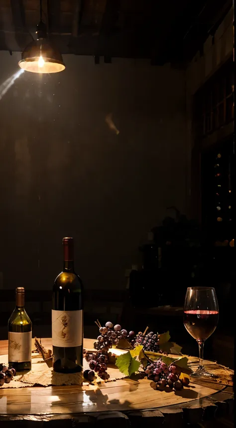 studio, Photography concept for black table, smokes, Old logs, Several bunches of grapes, Grape leaves, centered around a glass of wine，There are several bottles of wine standing next to it, Light comes in from the left.