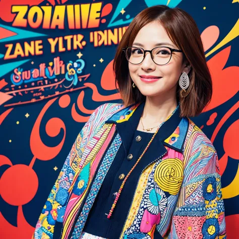 Cheerful smile， Woman wearing glasses, Bad youth , Long hair,Floating hair, Cinematic poster，Zentangle,ear piercings, 2 line hair,Short bob cut,solo,a colorful,Skirt,Jacket,harajuku wear, Blue eyes,monochromes,+++ ,a colorful farewell,Yayoi Kusama，独奏，Dynam...