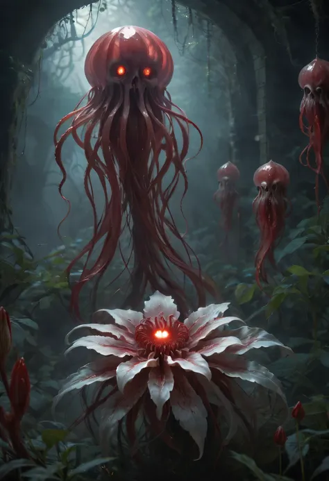 Magical plant from the abyss, the ghost flower, ghost flower,Blood-red tentacles stare at the dead，carismatic，Incredible，terror