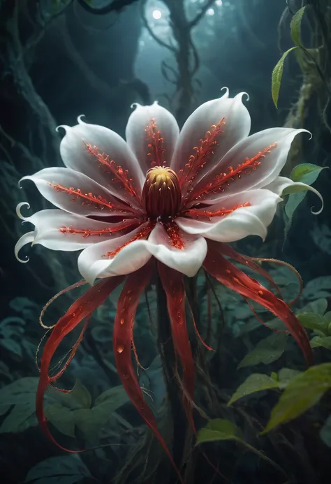 Magical plant from the abyss, the ghost flower, ghost flower,Blood-red tentacles stare at the dead，carismatic，Incredible，terror