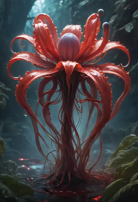 Magical plant from the abyss, the ghost flower, ghost flower,Blood-red tentacles stare at the dead，carismatic，Incredible，terror