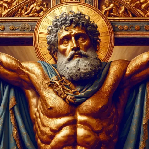 a close up of a statue of a man with a beard, holy iconography, the god hermes, greek myth digital painting, by Artur Tarnowski, the god zeus, olympian god, the god hephaestus, by Aleksander Gierymski, orthodox saint christopher, furious god zeus, beautifu...