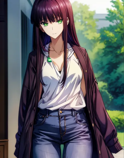 Anime girl with long purple hair and green eyes walking on the sidewalk,  Smooth Anime CG Art, Visual Novel CG, Seductive Anime Girl, iwakura lain, Fine details. girls frontline, made with anime painter studio, realistic anime art style, charming anime gir...