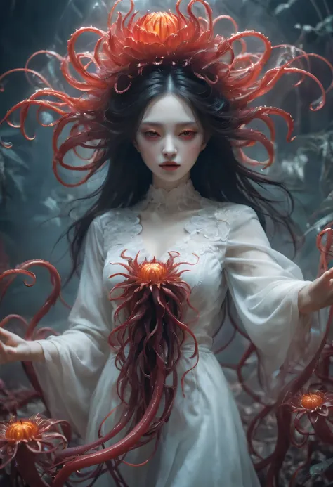 Magical plant from the abyss, the ghost flower, ghost flower,Blood-red tentacles stare at the dead，carismatic，Incredible，terror