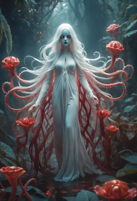 Magical plant from the abyss, the ghost flower, ghost flower,Blood-red tentacles stare at the dead，carismatic，Incredible，terror